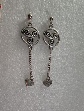 Hand Crafted Silver Swirl Drop Earrings with Heart Charm